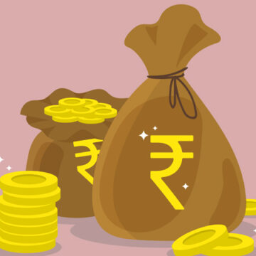 Two brown sacks of money with gold coins, the rupee symbol on the bags, set against a pink background.