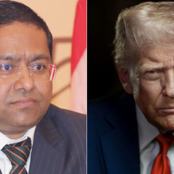 Side-by-side portrait of two men in suits: left man with glasses and striped tie, right man with light hair in a blue suit and red tie.